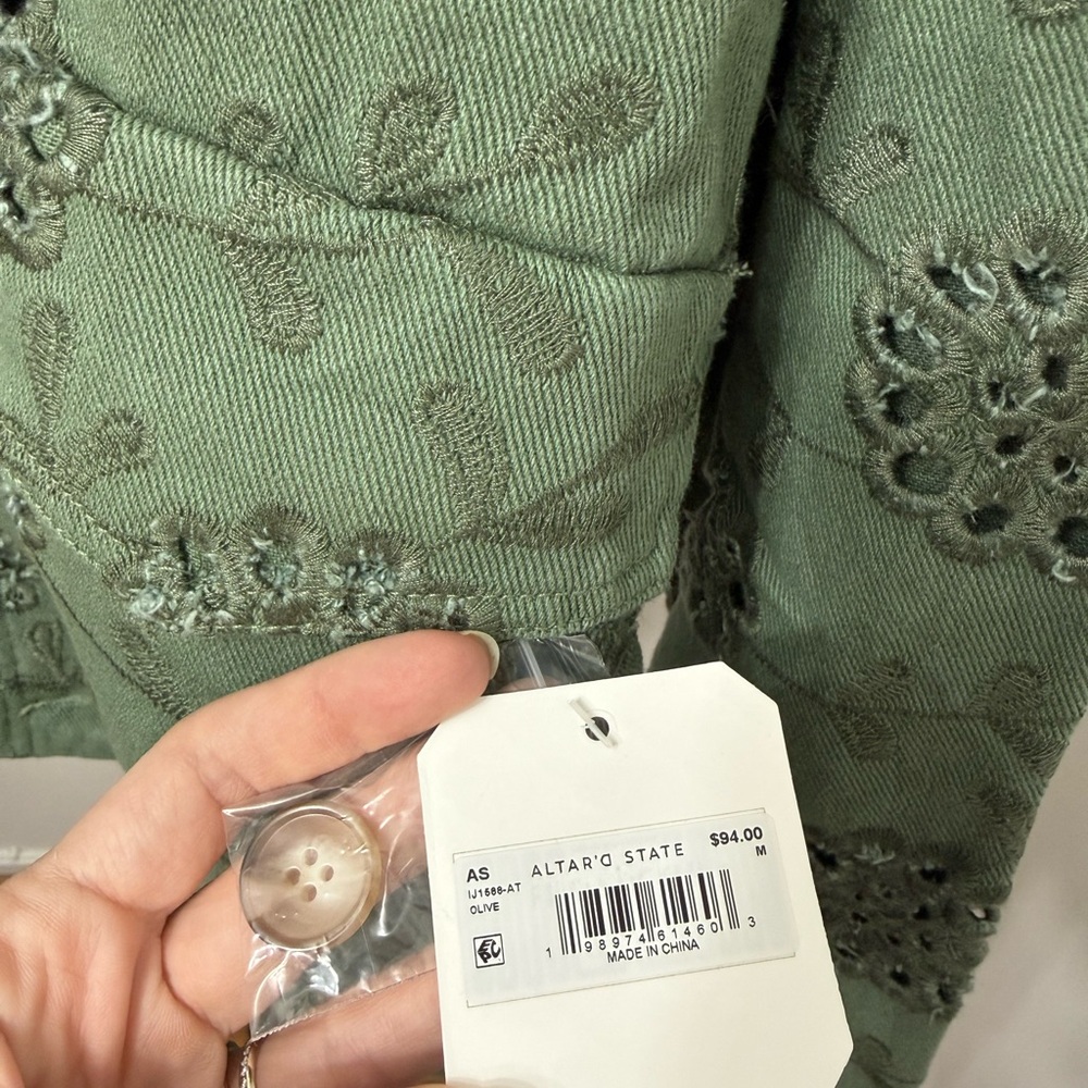 Altar'd State Olive Green Embroidered Cropped Jean Jacket - Picture 5 of 6